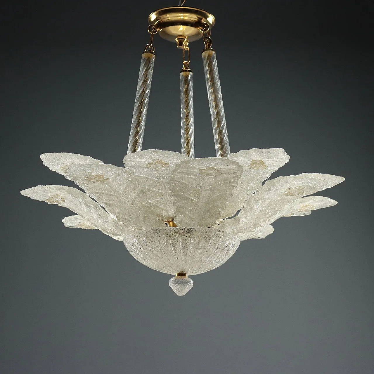 Gold-plated metal lamp with Murano glass leaves, 20th century 7