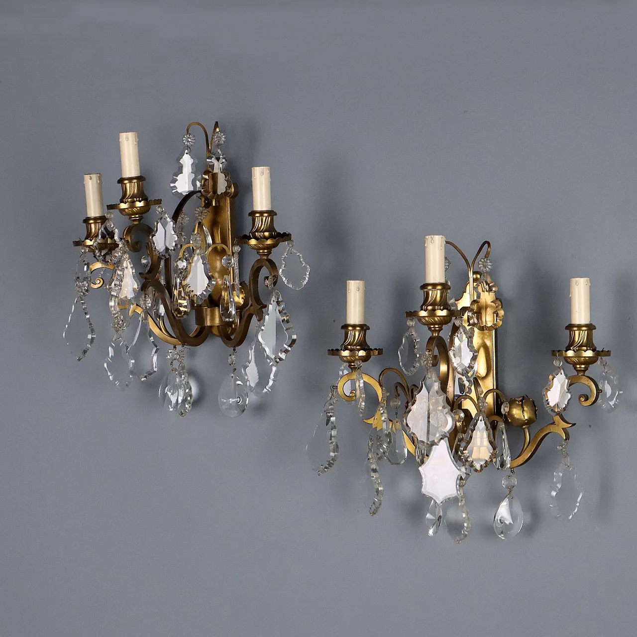 Pair of metal and glass wall lamps, 20th century 4