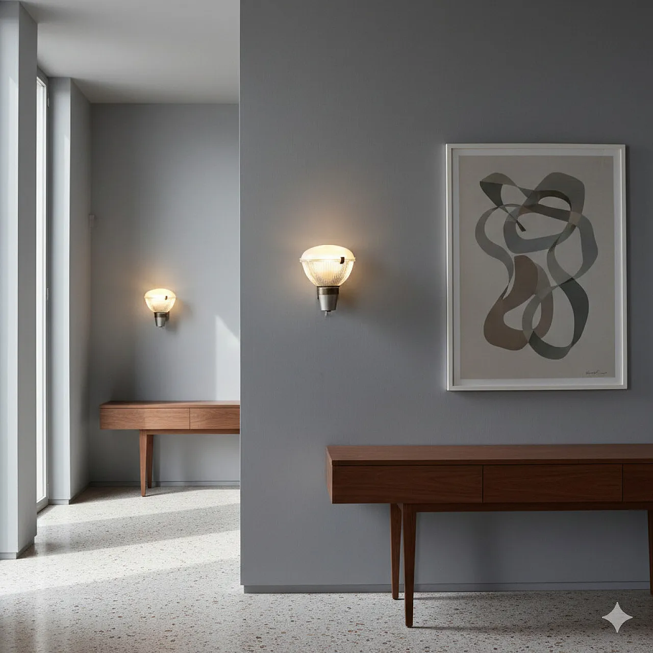 Coppia di appliques con montatura in ottone e diffusore in vetro, '900 2