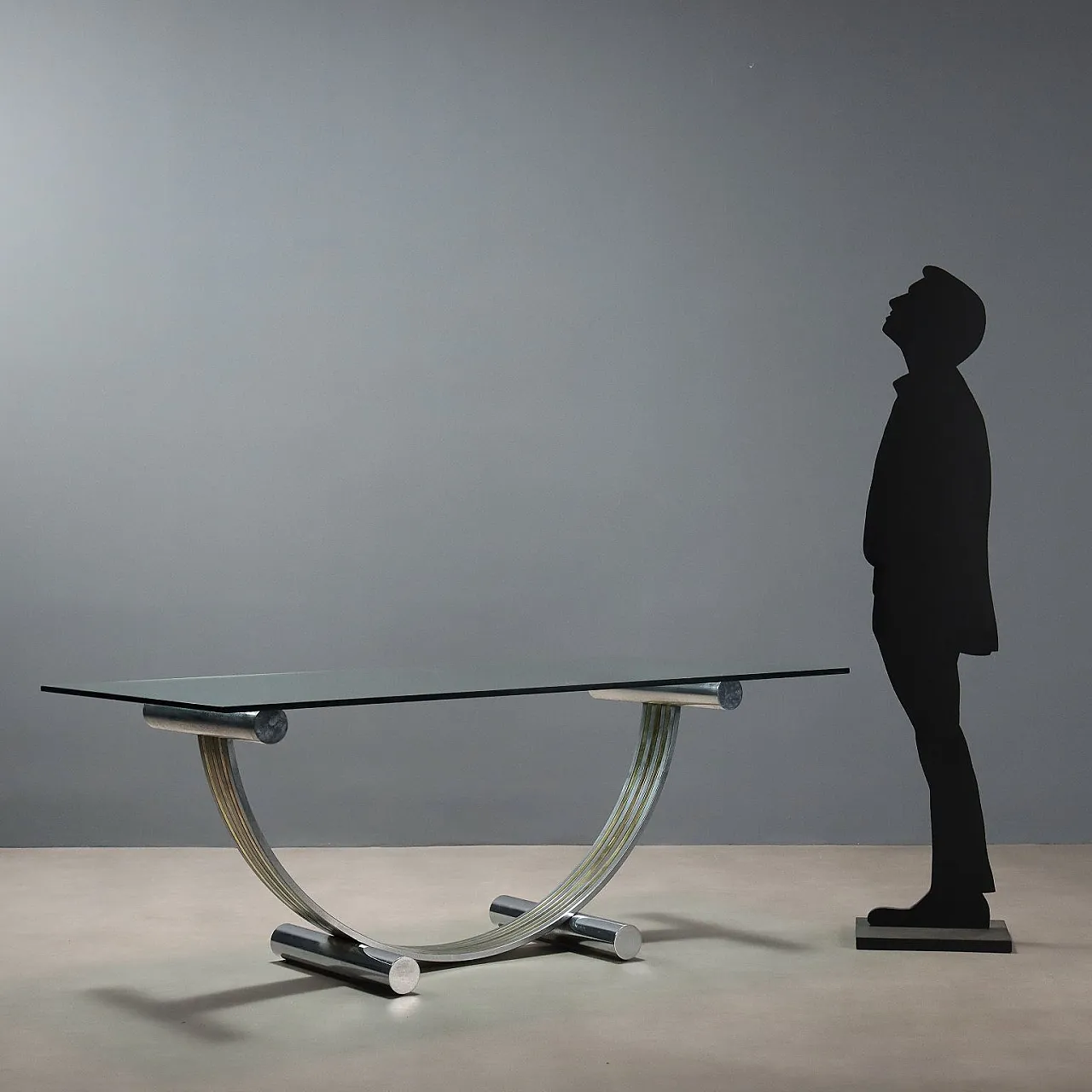 Table with glass top, metal and brass arched base, 20th century 3
