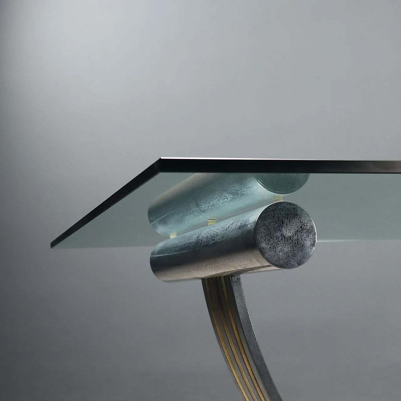 Table with glass top, metal and brass arched base, 20th century 7