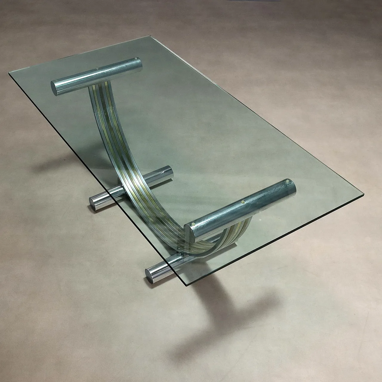 Table with glass top, metal and brass arched base, 20th century 10
