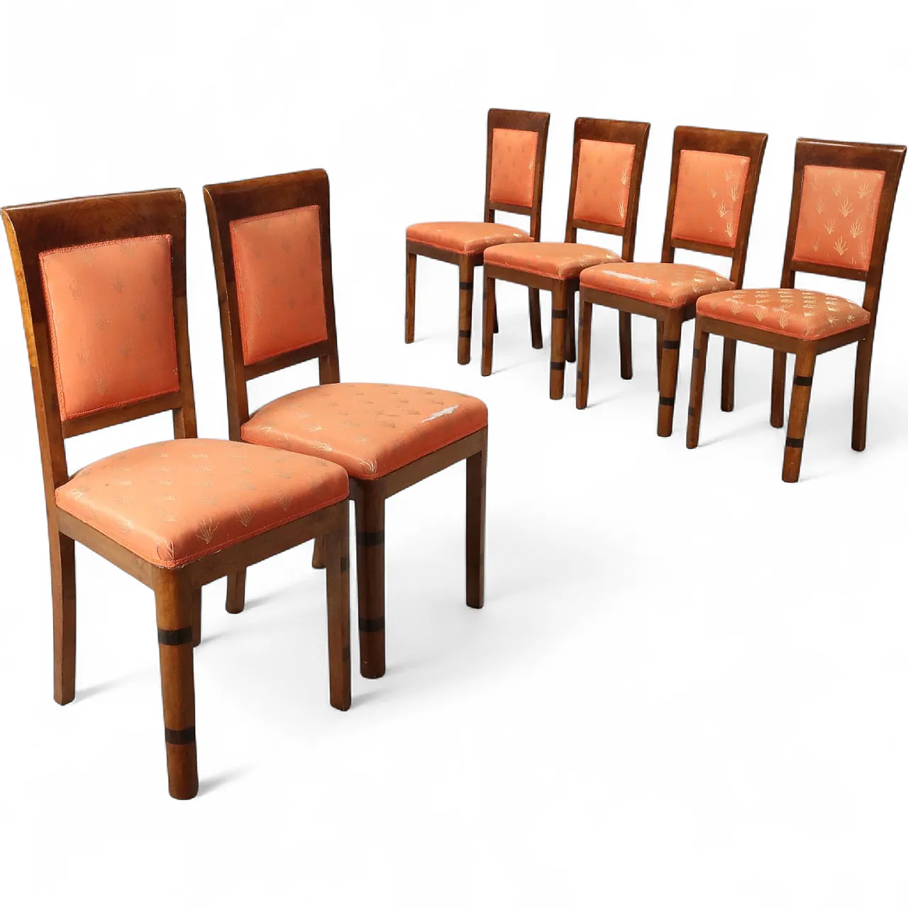 6 Chairs in walnut burl, exotic woods, and fabric, 20th century 10