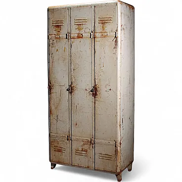 Industrial metal cabinet with three doors and coat rack, 20th century