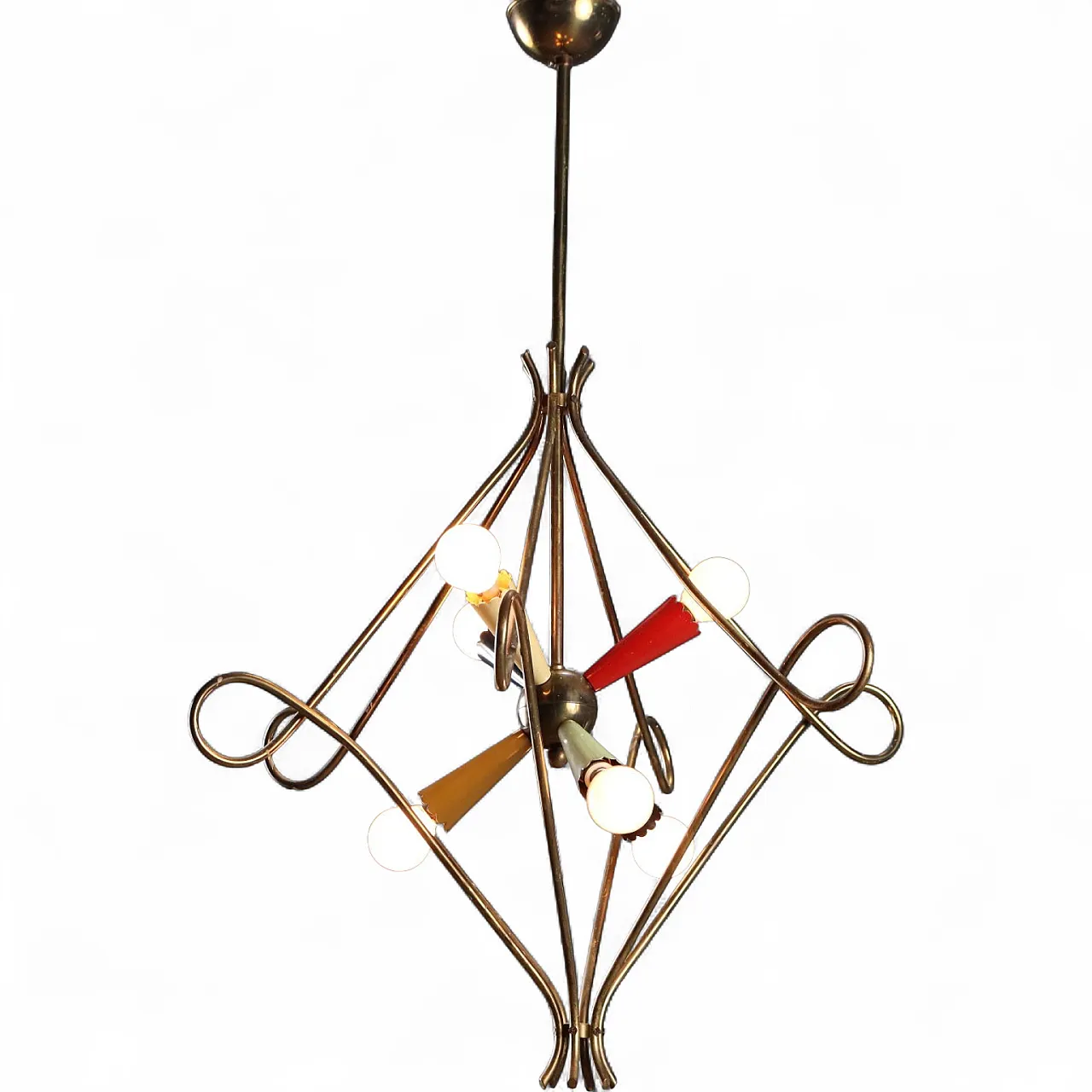 Ceiling lamp with brass structure and aluminum diffusers, 20th century 10