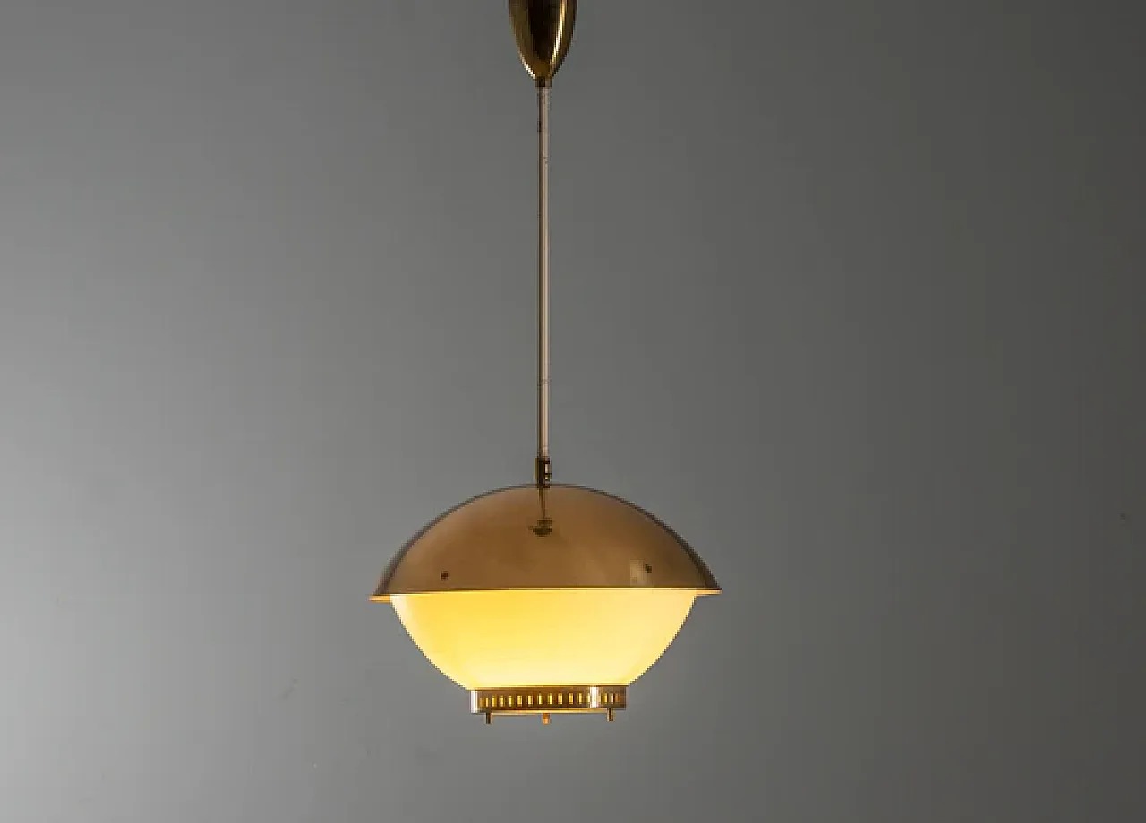 Lampada a sospensione in ottone con vetro opalino inciso, metà '900 3