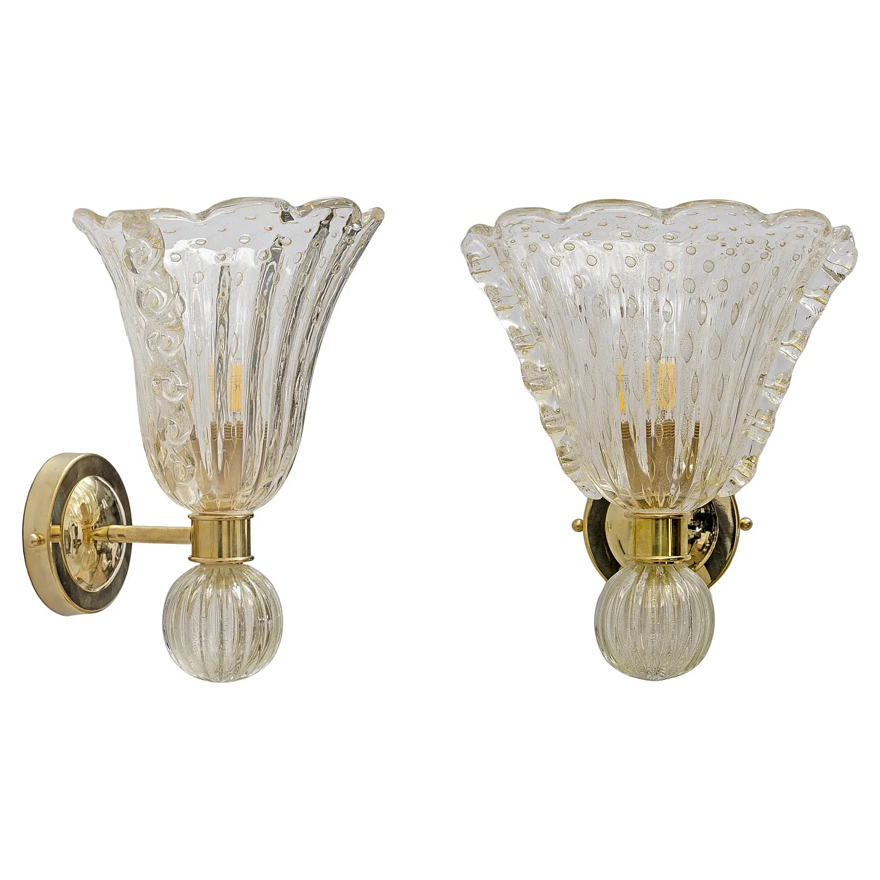 Brass and pulegoso murano glass pair of sconces, 2000s 1