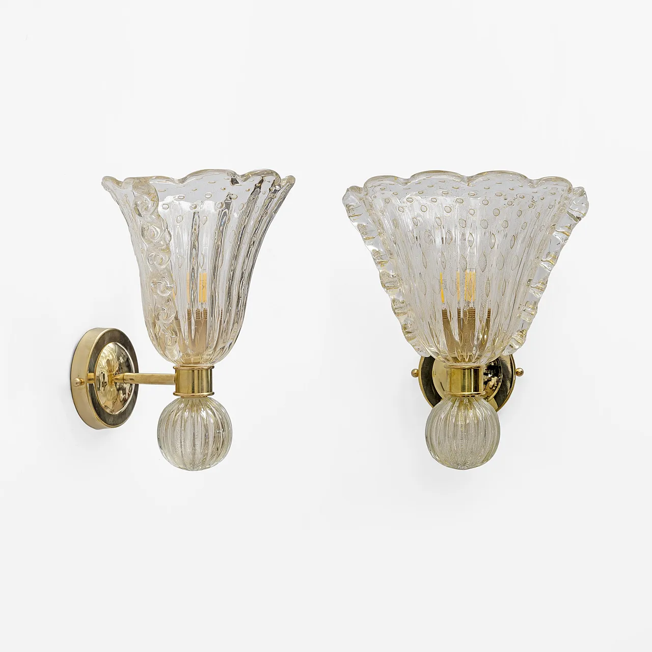 Brass and pulegoso murano glass pair of sconces, 2000s 2