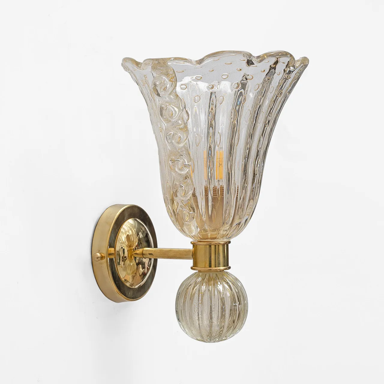 Brass and pulegoso murano glass pair of sconces, 2000s 4