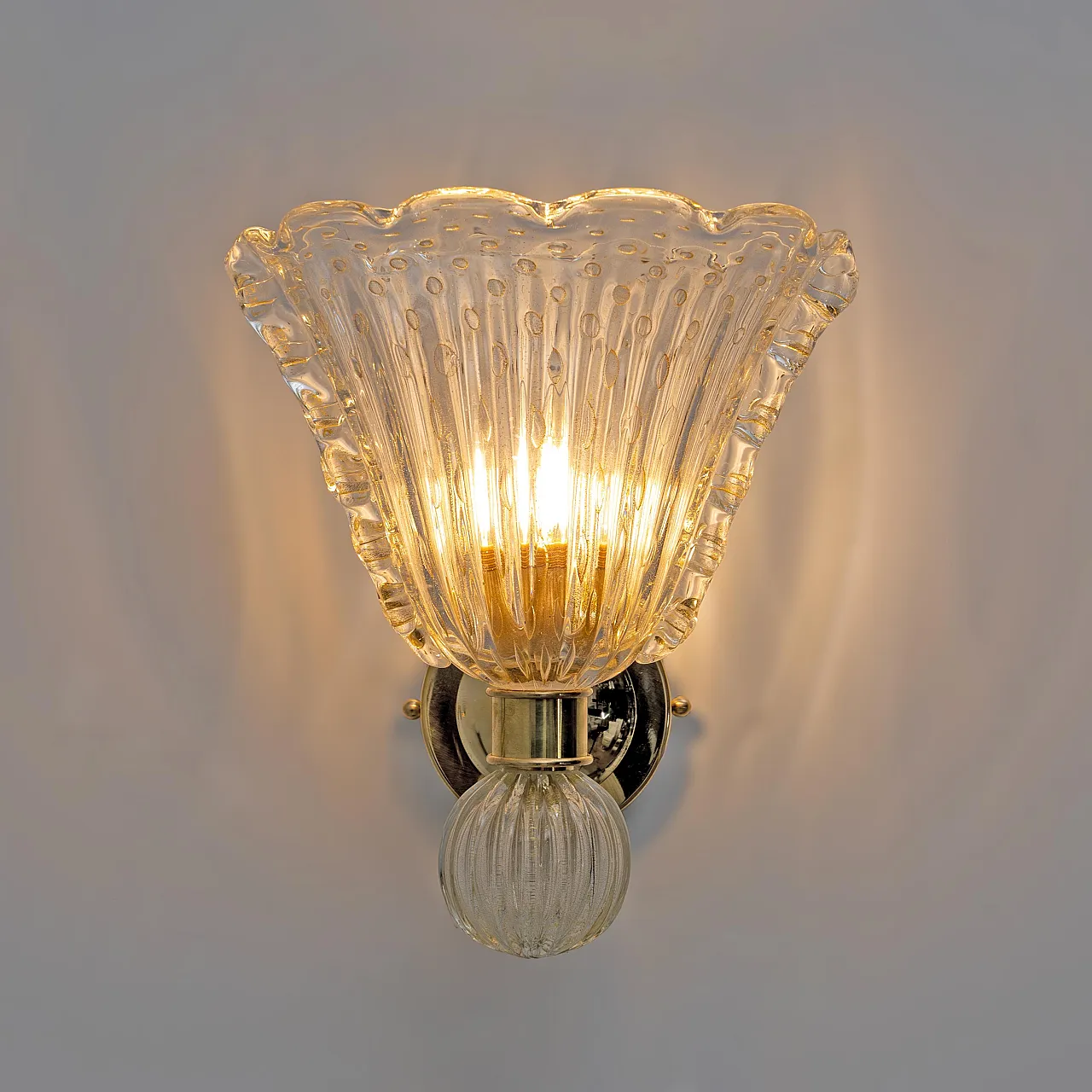 Brass and pulegoso murano glass pair of sconces, 2000s 5