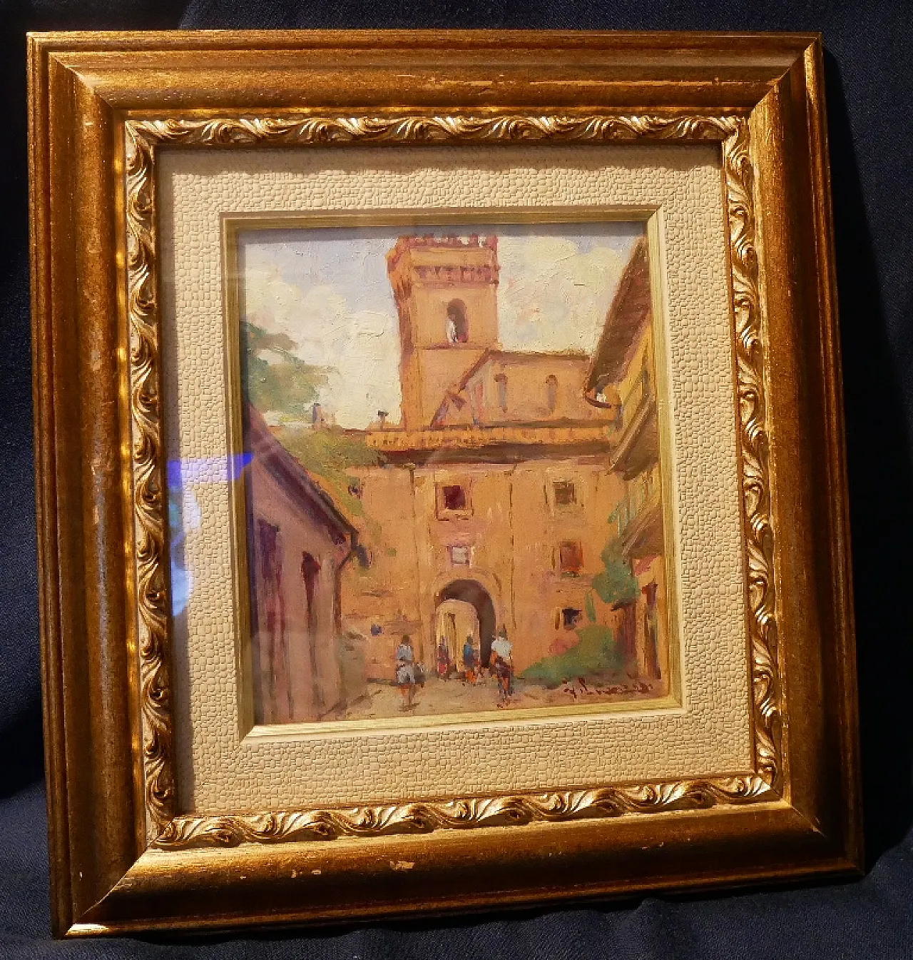 Dipinto ad olio borgo antico, anni '50 1