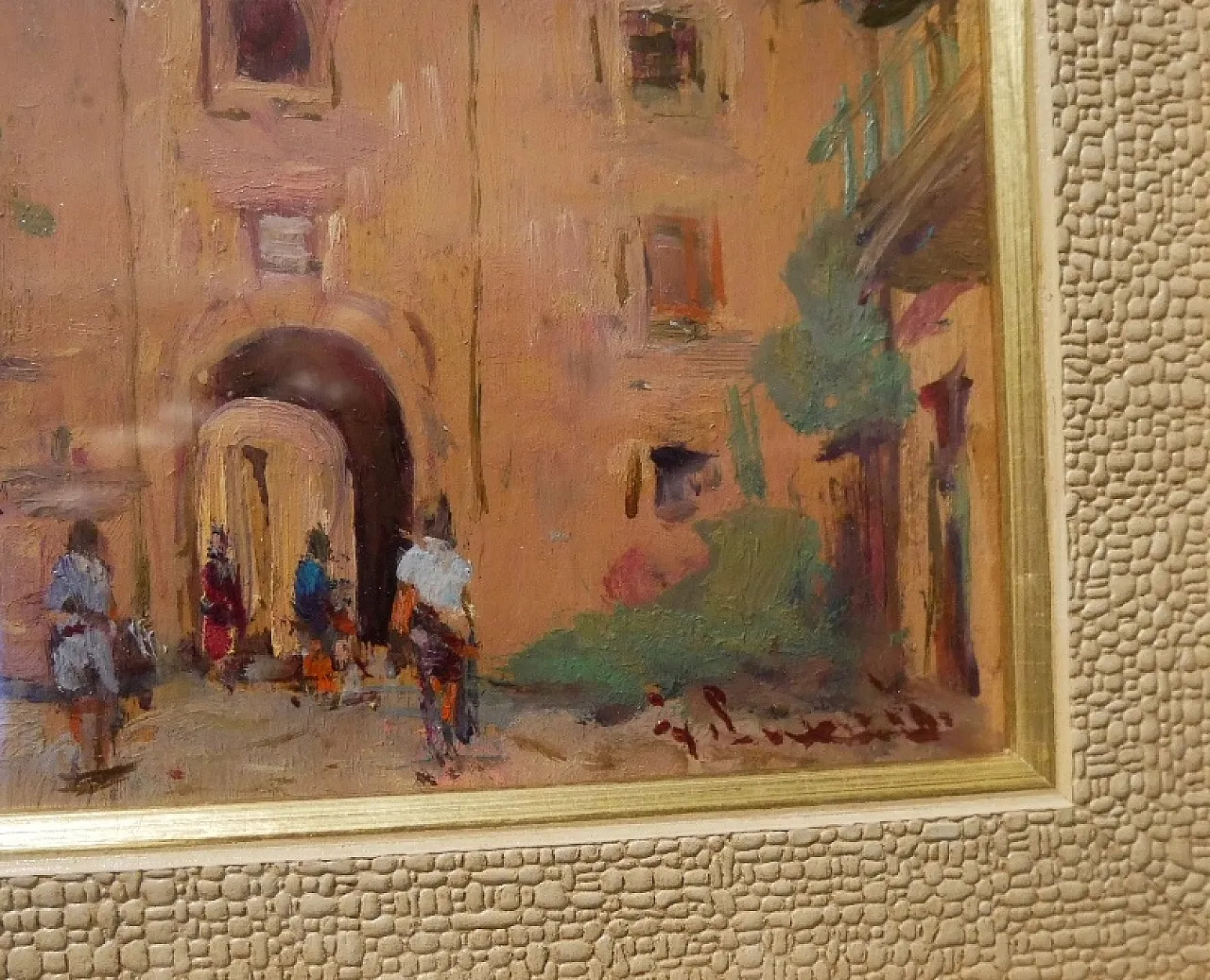 Dipinto ad olio borgo antico, anni '50 2