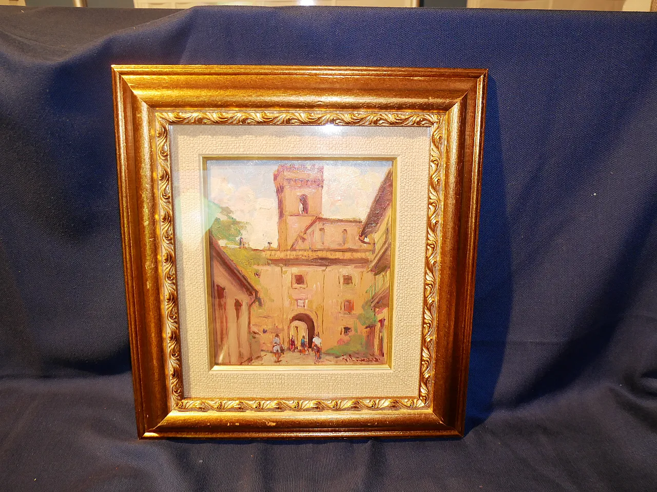 Dipinto ad olio borgo antico, anni '50 6