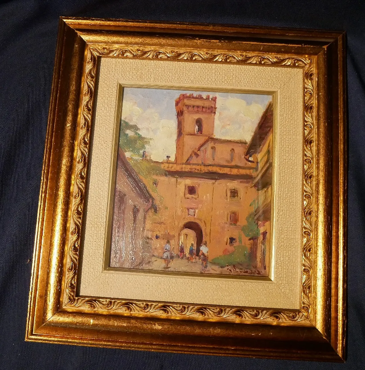 Dipinto ad olio borgo antico, anni '50 7