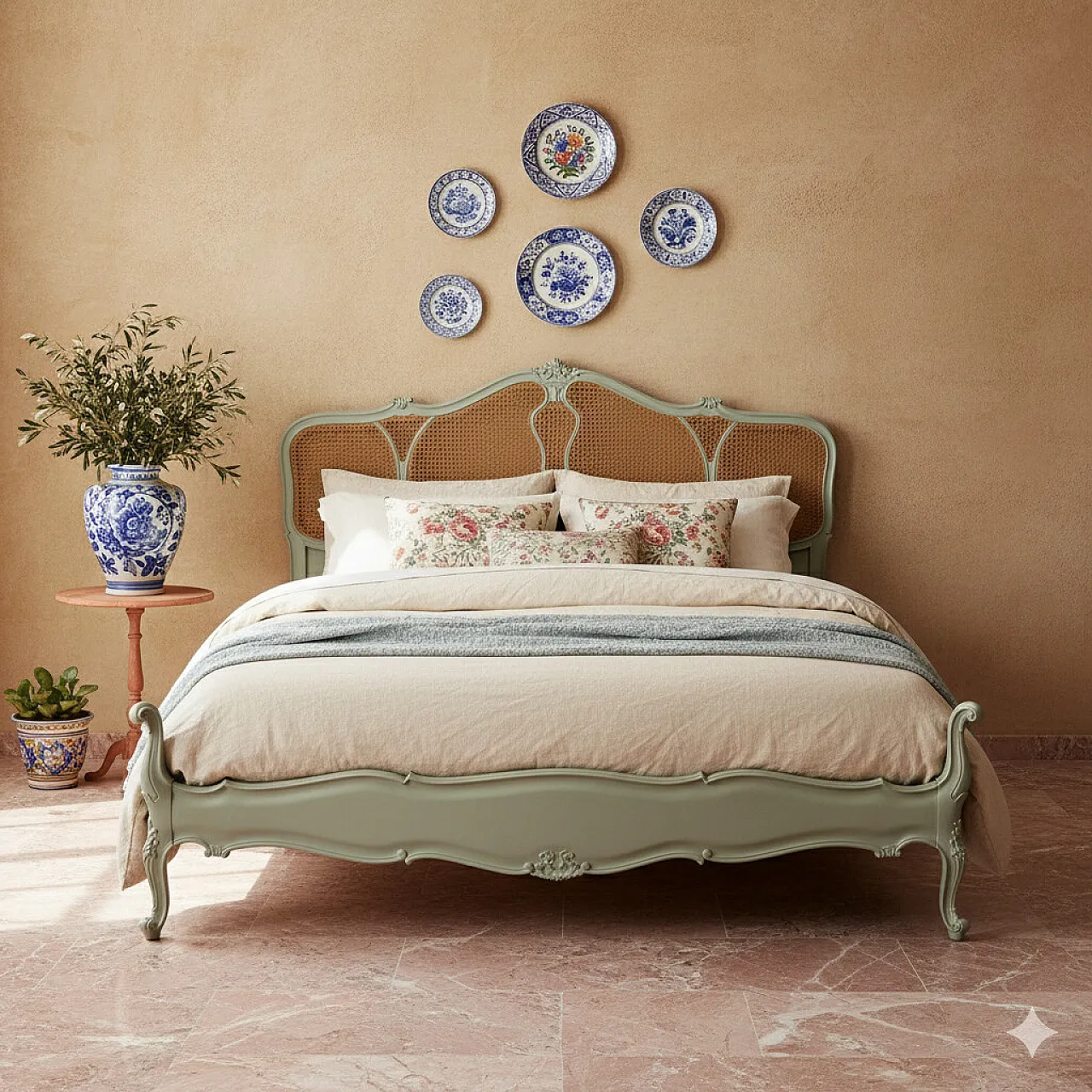 Lacquered double bed with carvings and cane inserts, 20th century 2