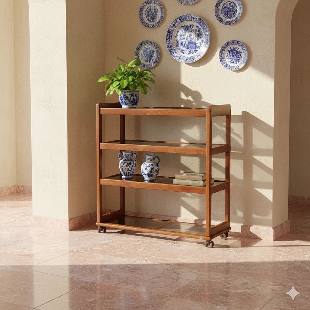 Bookcase with wheels in beech wood and transparent glass, 20th century 2
