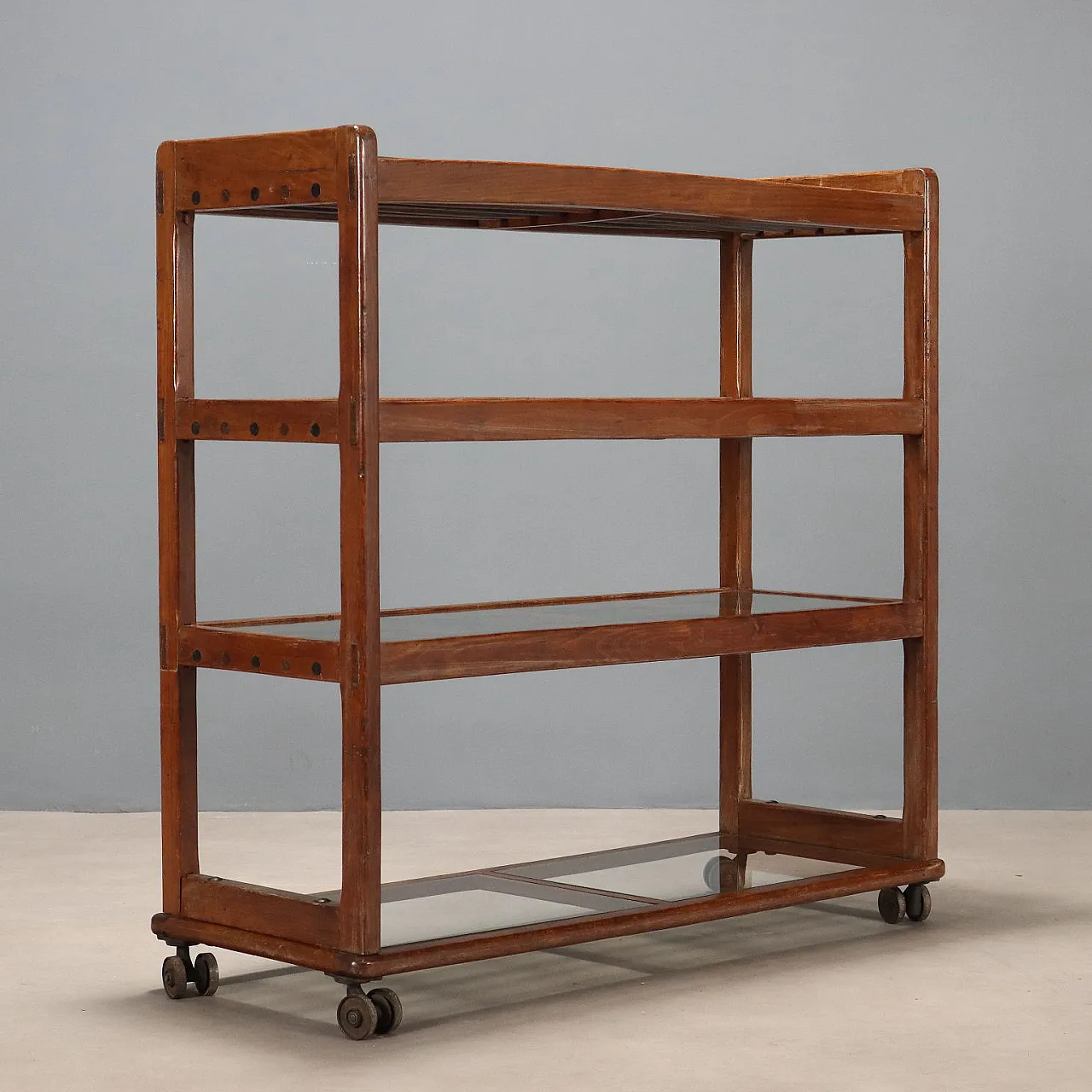 Bookcase with wheels in beech wood and transparent glass, 20th century 8
