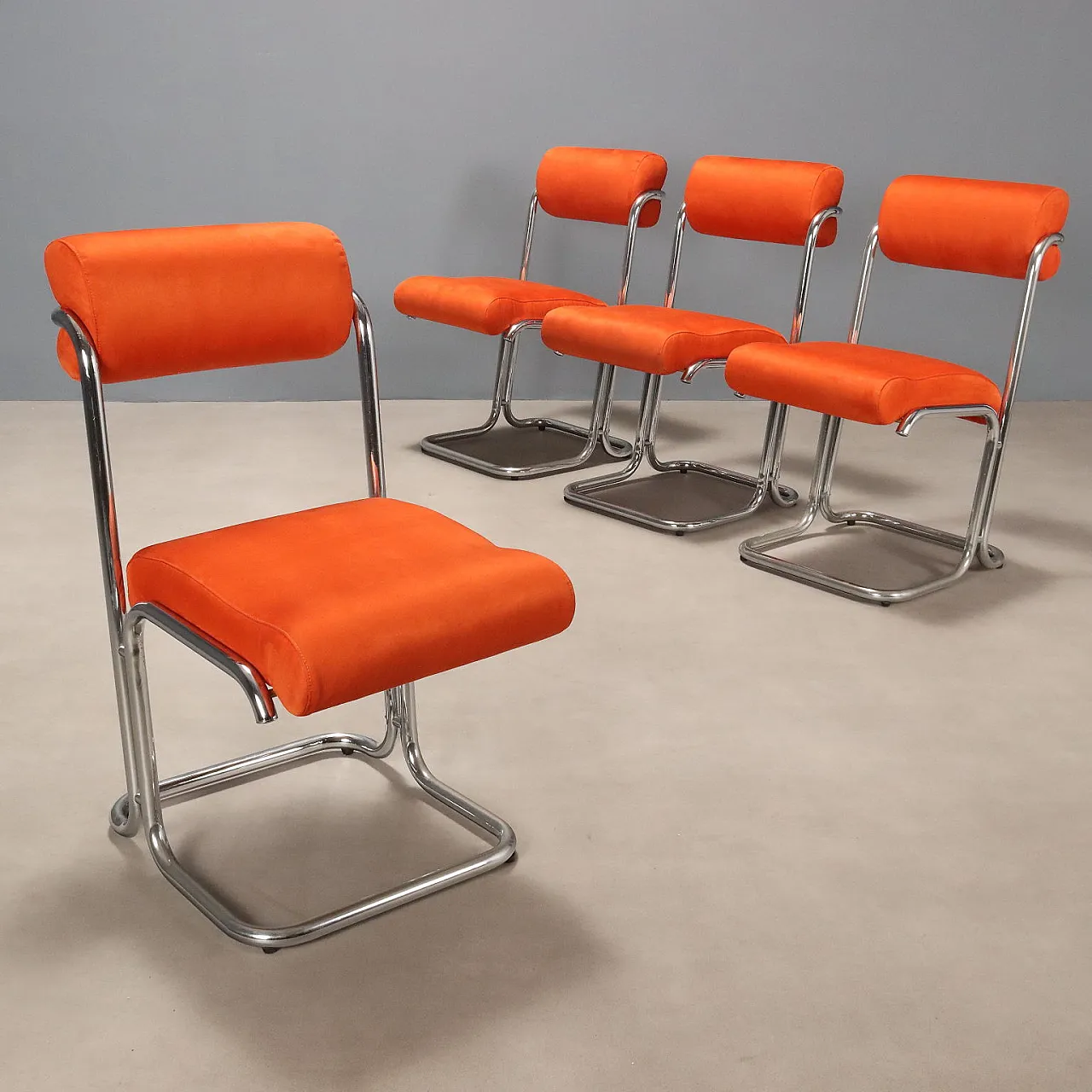 4 chairs in metal, foam, and suede-effect fabric, 20th century 1