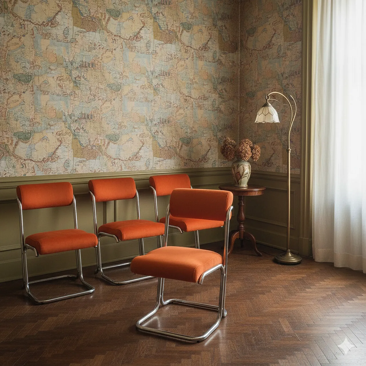 4 chairs in metal, foam, and suede-effect fabric, 20th century 2
