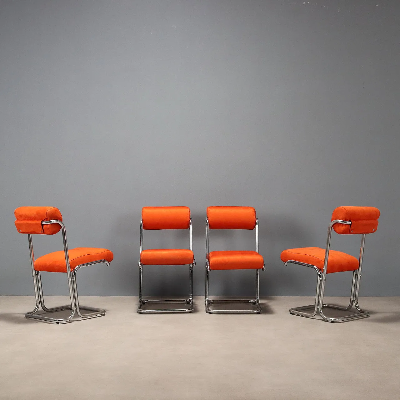 4 chairs in metal, foam, and suede-effect fabric, 20th century 4