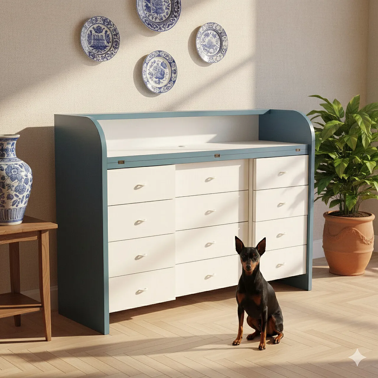 Wooden cabinet with drawers and extendable drop-leaf top, 20th century 2