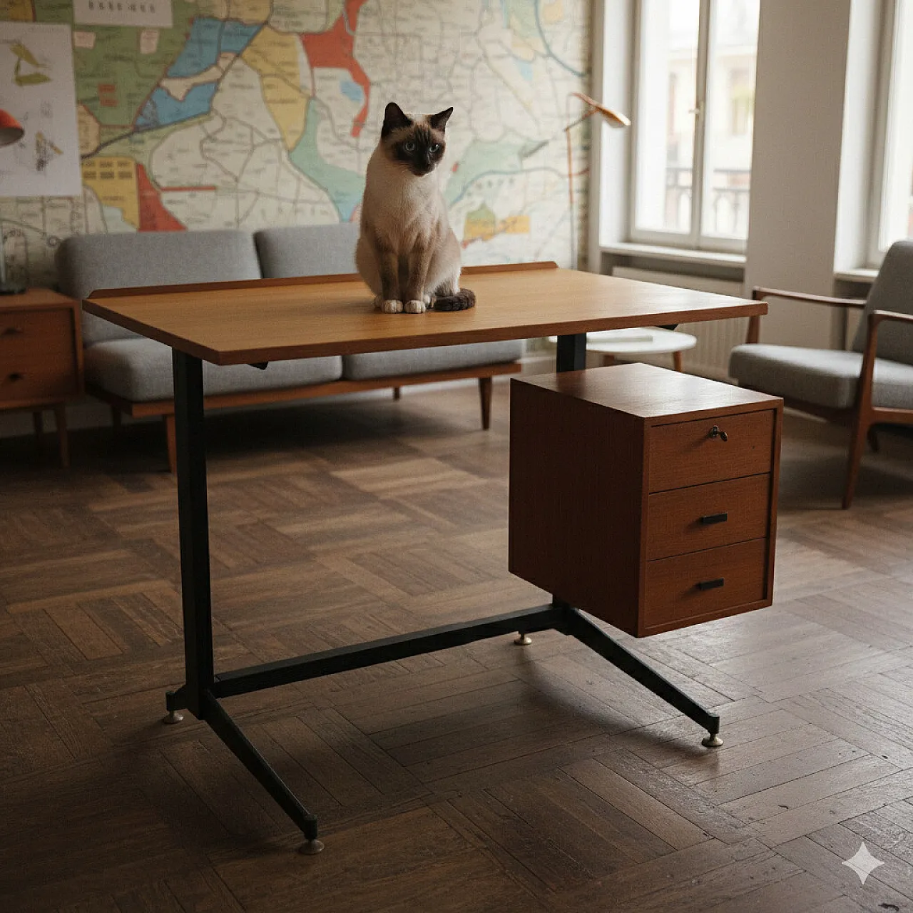 Desk with side drawer unit in teak and laminate, 20th century 2