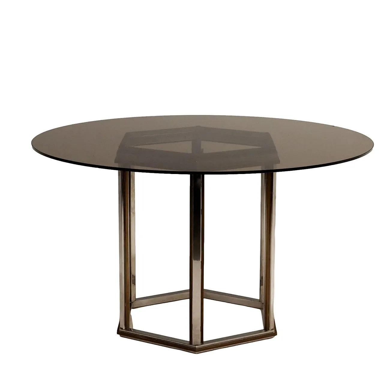 Tavolo in ottone cromato con piano in vetro fumè, anni '70 1