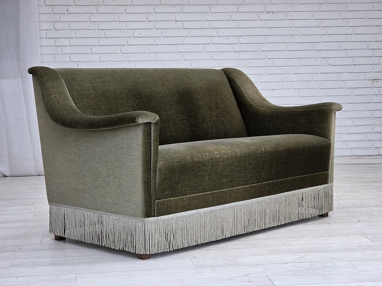 Danish 2-seater sofa in green furniture velour and beech wood, 1970s 1