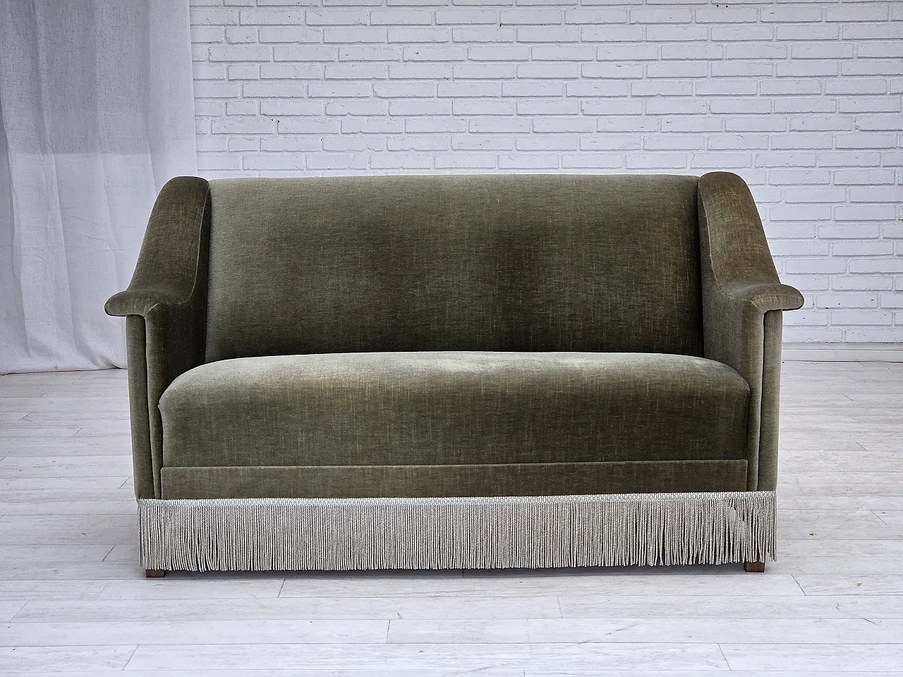 Danish 2-seater sofa in green furniture velour and beech wood, 1970s 2