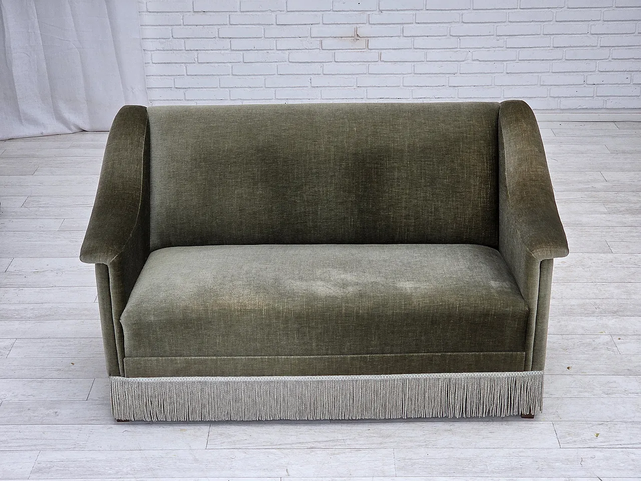 Danish 2-seater sofa in green furniture velour and beech wood, 1970s 3