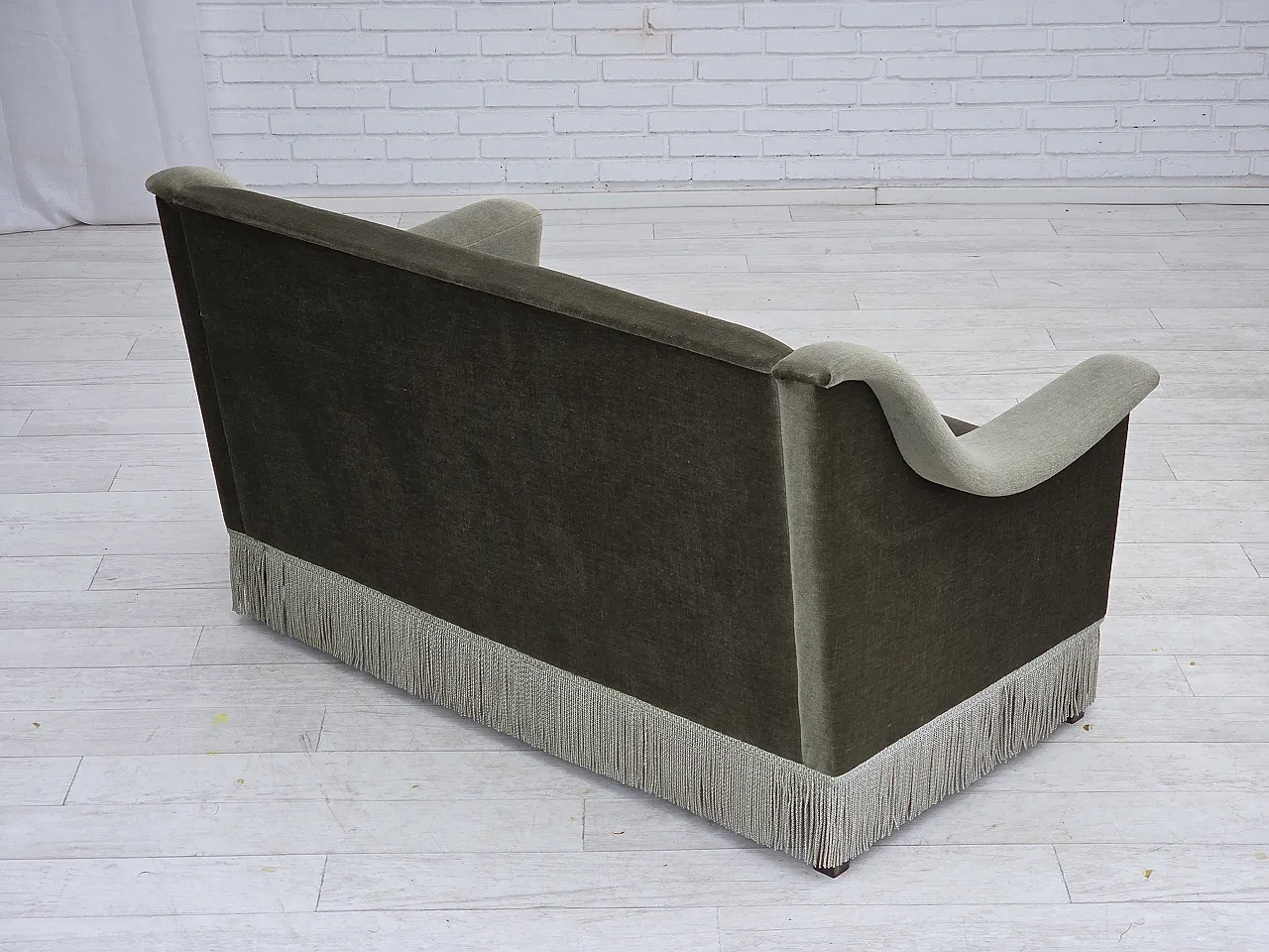 Danish 2-seater sofa in green furniture velour and beech wood, 1970s 12