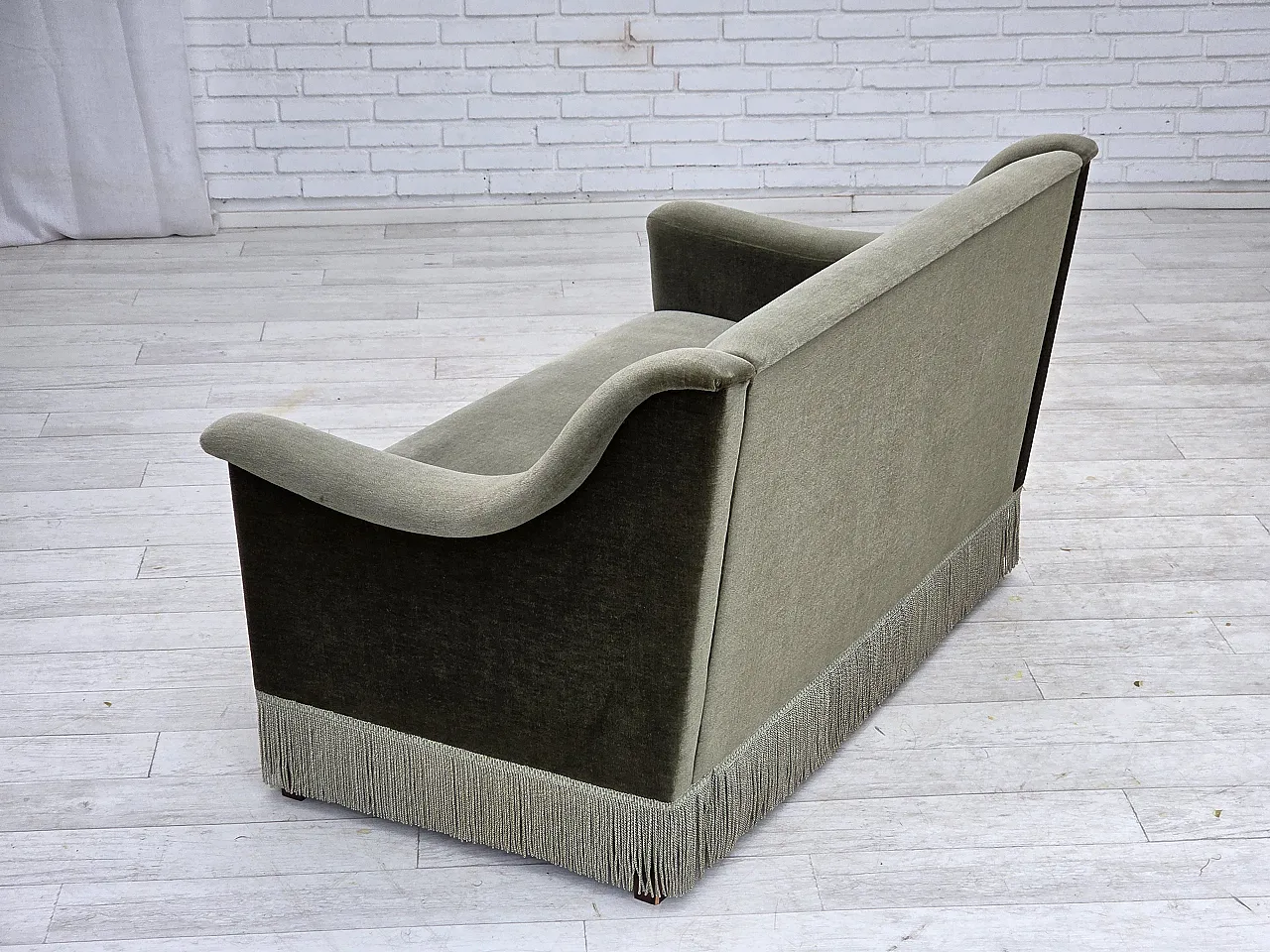 Danish 2-seater sofa in green furniture velour and beech wood, 1970s 15