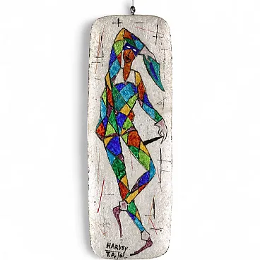 Enameled copper plaque depicting Harlequin, 20th century