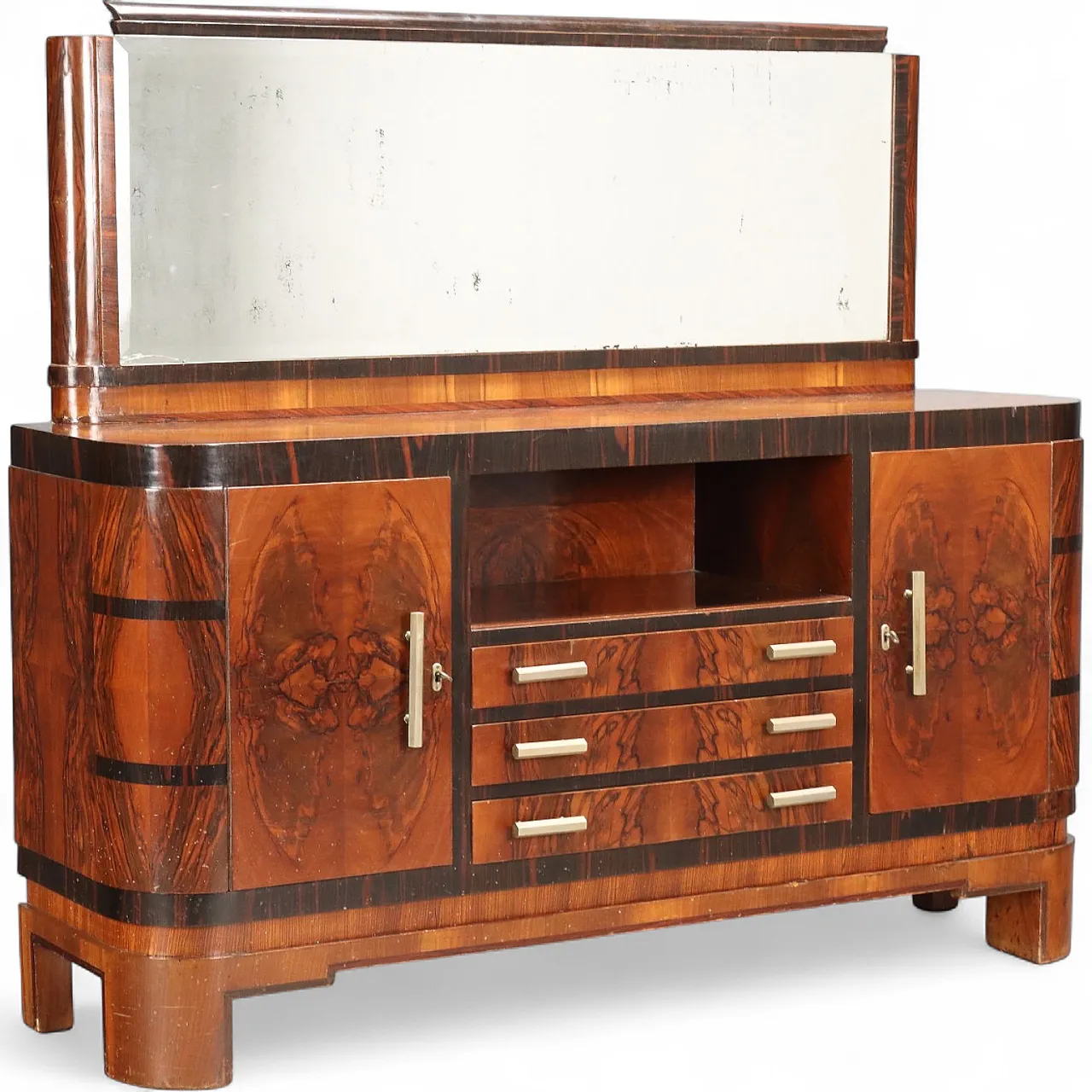 Sideboard in burl wood, exotic wood, and metal handles, 20th century 11