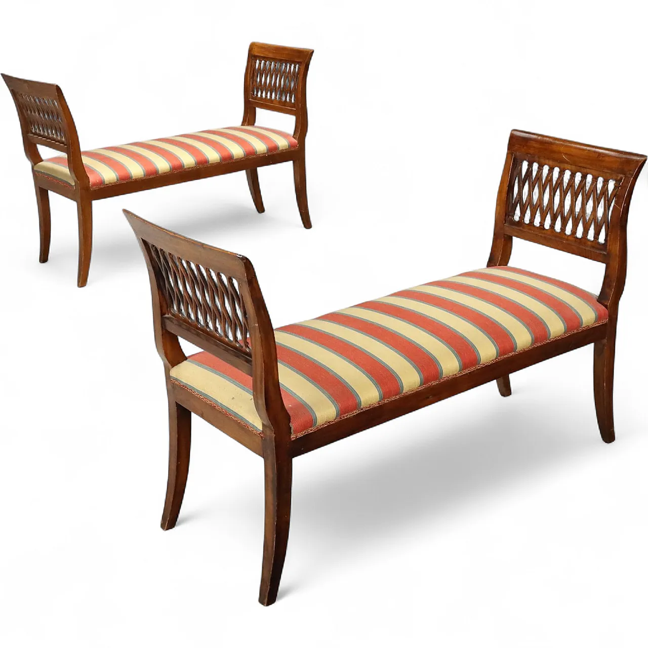 Pair of Empire style walnut benches, early 20th century 10