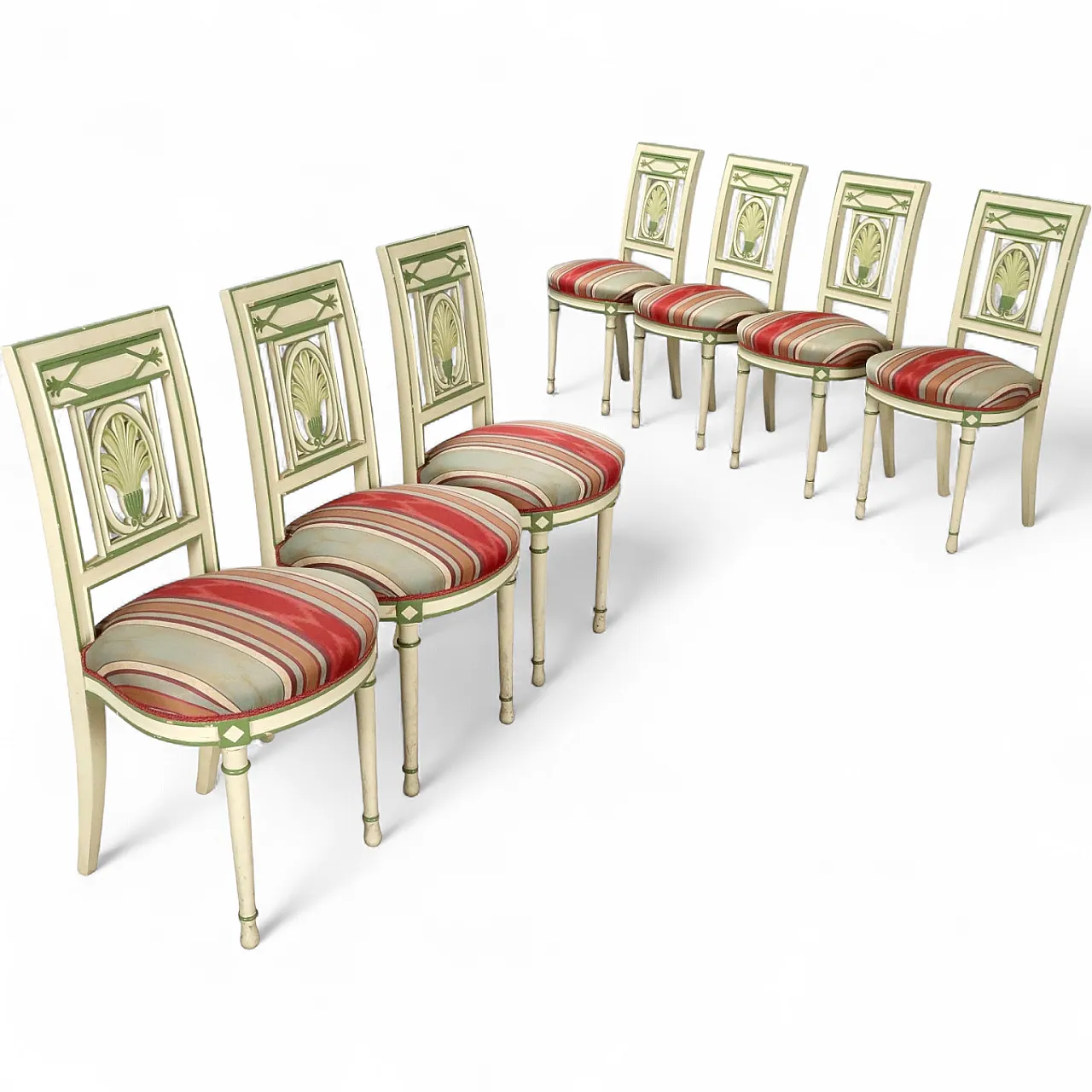 7 Lacquered chairs with perforated backrest & padded seat,20th century 11