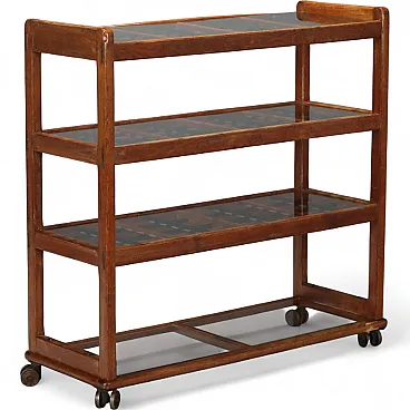 Bookcase with wheels in beech wood and transparent glass, 20th century