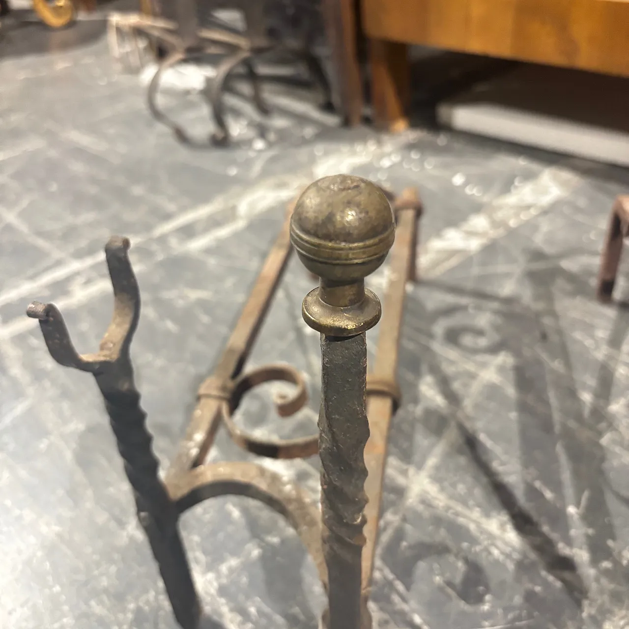 Pair of wrought iron andirons, 19th century 4