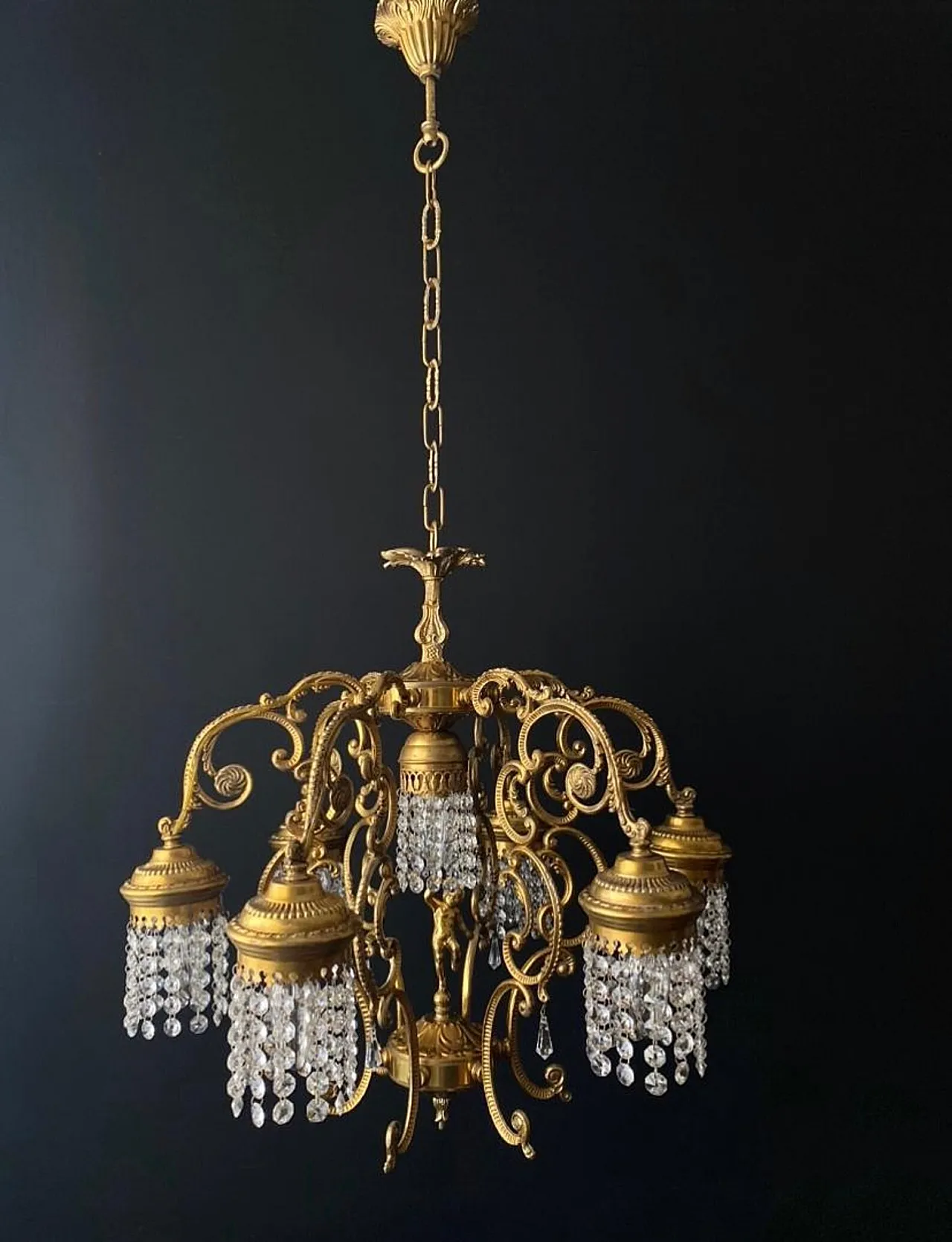Chandelier in brass, bronze and crystal, 20th century 1