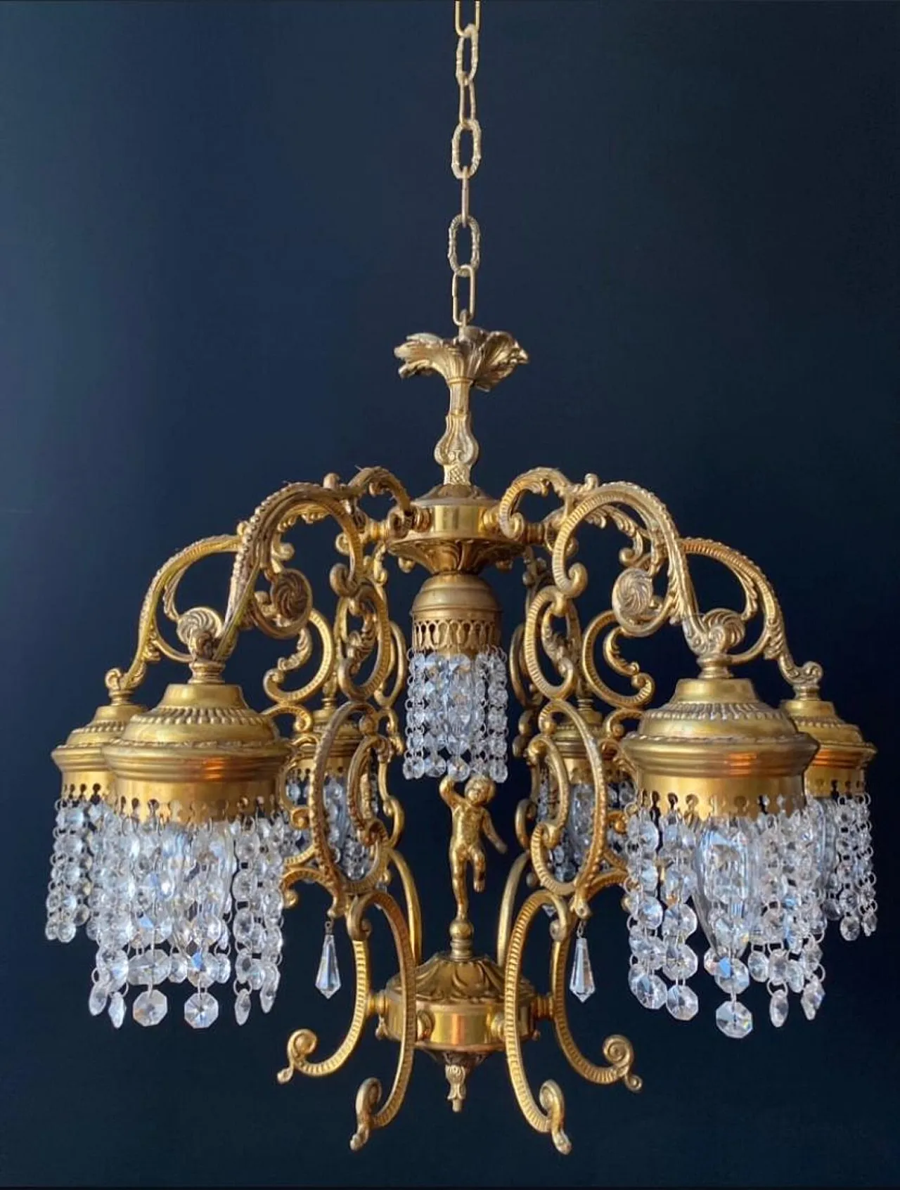 Chandelier in brass, bronze and crystal, 20th century 2