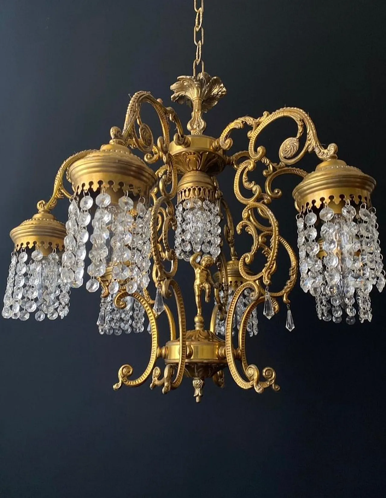 Chandelier in brass, bronze and crystal, 20th century 3