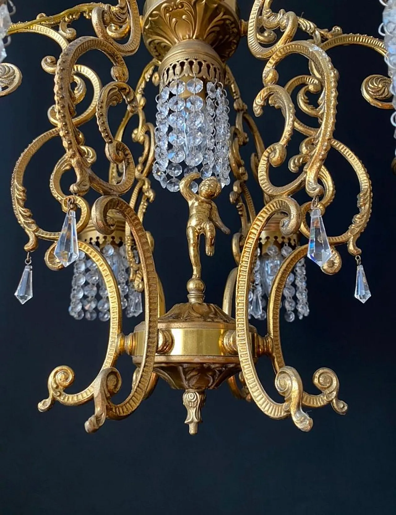 Chandelier in brass, bronze and crystal, 20th century 4