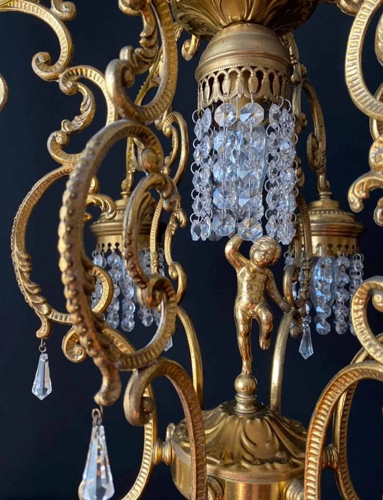 Chandelier in brass, bronze and crystal, 20th century 5
