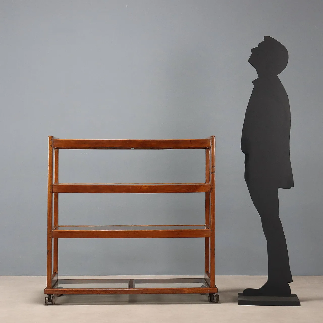 Central bookcase with beech wood wheels and glass, 20th century 2