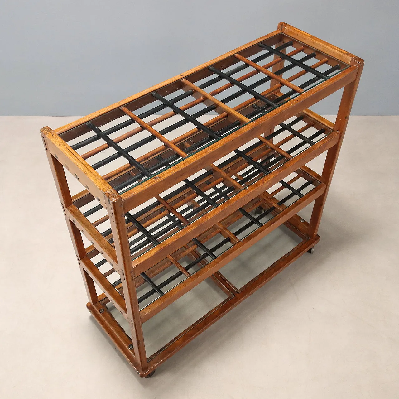 Central bookcase with beech wood wheels and glass, 20th century 5