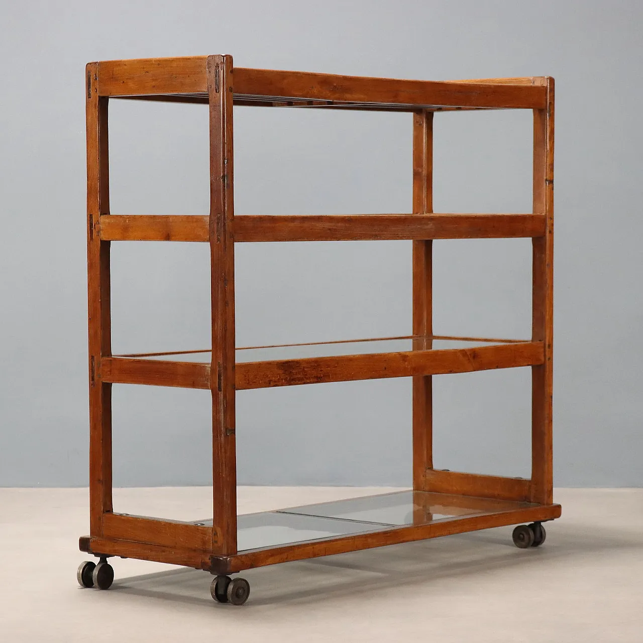 Central bookcase with beech wood wheels and glass, 20th century 6