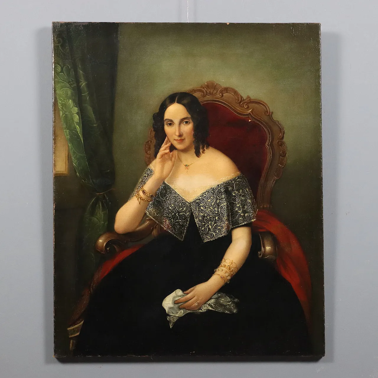 Lady seated in an armchair, oil on canvas, Italian school,19th century 1