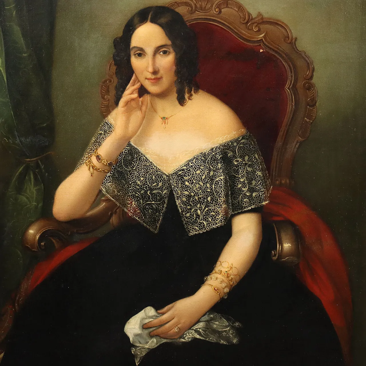 Lady seated in an armchair, oil on canvas, Italian school,19th century 3