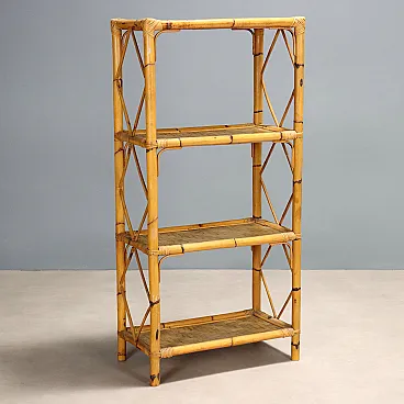 Bookcase with bamboo structure and four wicker shelves, 20th century