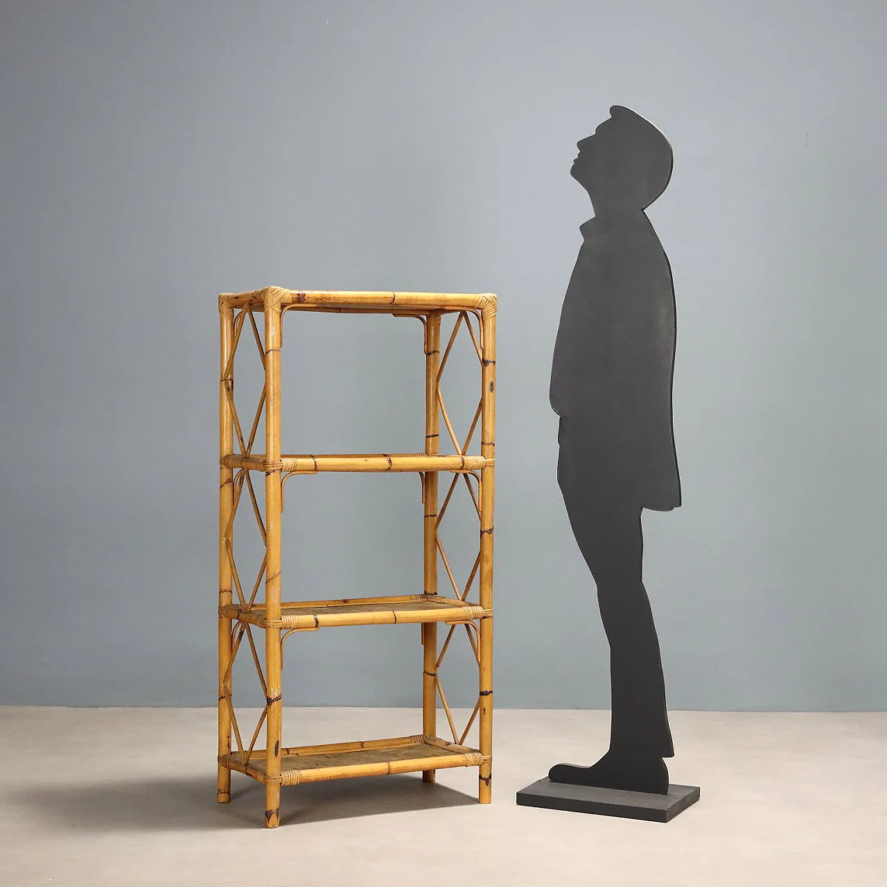 Bookcase with bamboo structure and four wicker shelves, 20th century 2